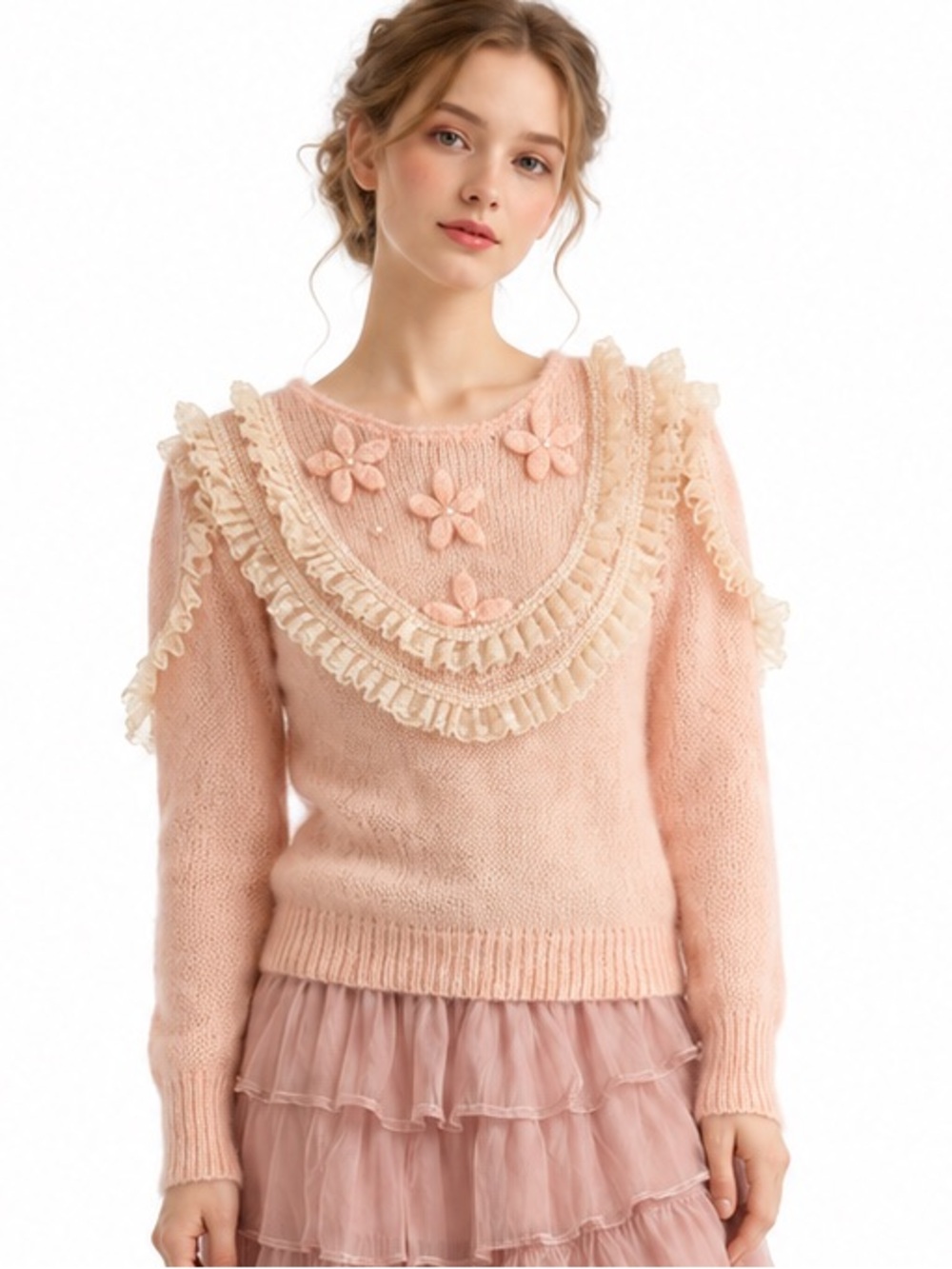 Vintage 80s Crossroads Peach Pink Pearl Lace Ruffle Sweater Wool Blend S/M